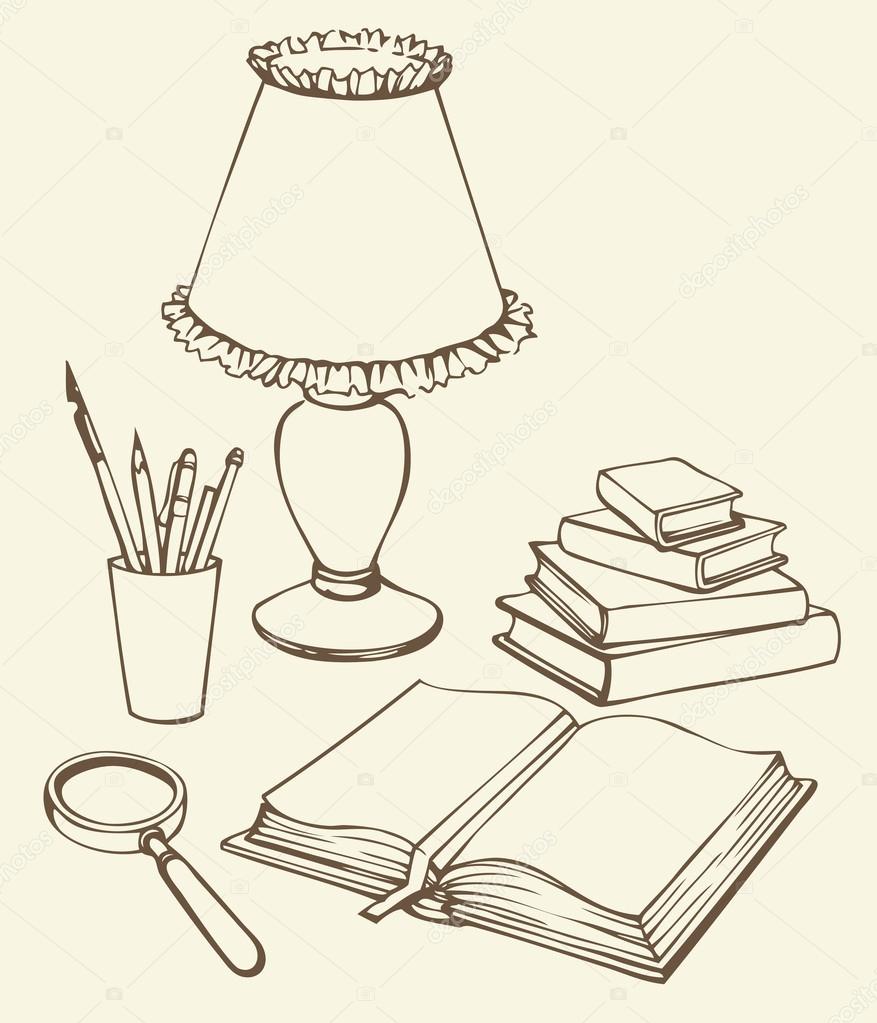 Vector still life. Books, magnifying glass, lamp and pens