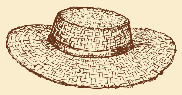 Vector monochrome line drawing of a straw hat