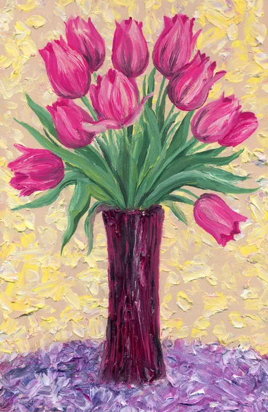 Still life oil. Bouquet of pink tulips in high vase — Stock Photo, Image