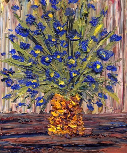 Still life oil. Bouquet of blue flowers in a yellow vase — Stock Photo, Image