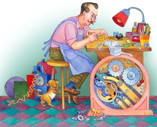 Watercolor illustration. Watchmaker at his workshop — Stock Photo, Image