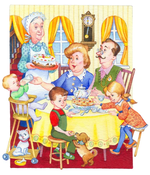 Ακουαρέλα εικονογράφηση. ευτυχισμένη οικογένεια για ένα εορταστικό τσάι — Φωτογραφία Αρχείου