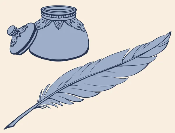 Pluma de dibujo vectorial y tintero — Vector de stock