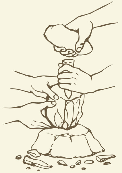 Векторная иллюстрация. Первобытные люди делают каменные орудия
