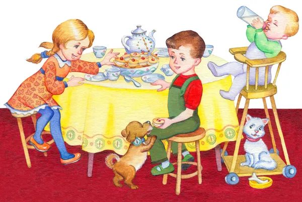 Watercolor illustration. Happy children at the holiday table — Stock Photo, Image