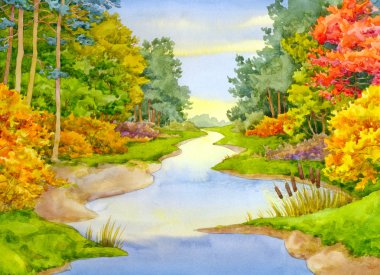 Watercolor landscape. Autumn Brook clipart