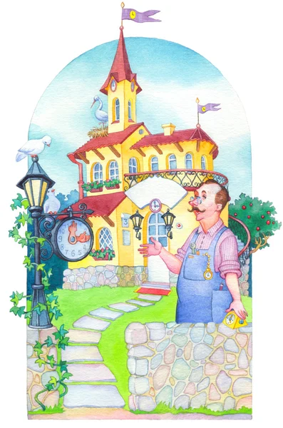 Watercolor picture. Fairytale castle mansion watchmaker — Stock Photo, Image