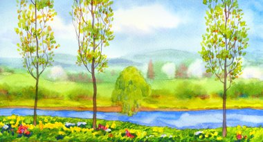 Sulu Boya landscape.poplar ağaçlar Nehri üzerinde