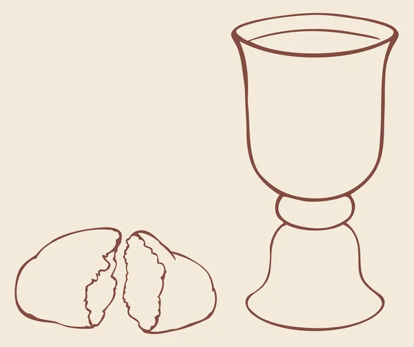 Symboles vectoriels de communion. Pain et vin cassés dans un bol — Image vectorielle