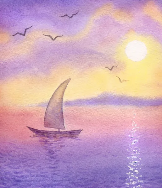 Güneş deniz sulu boya landscape.sailboat karşılar