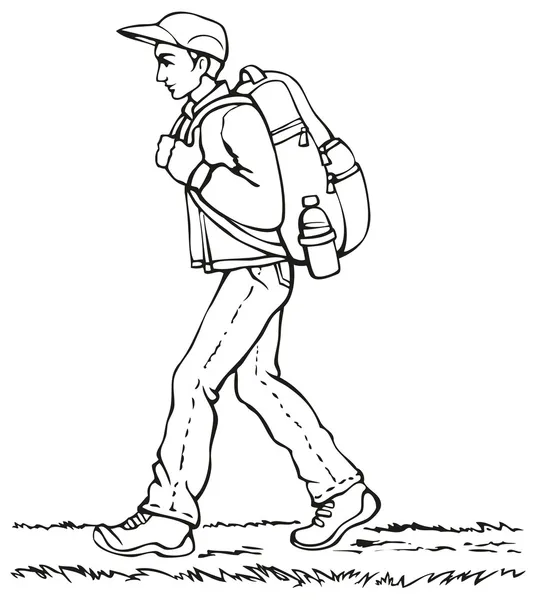 Le dessin vectoriel. Voyageur avec un sac à dos sur le chemin — Image vectorielle