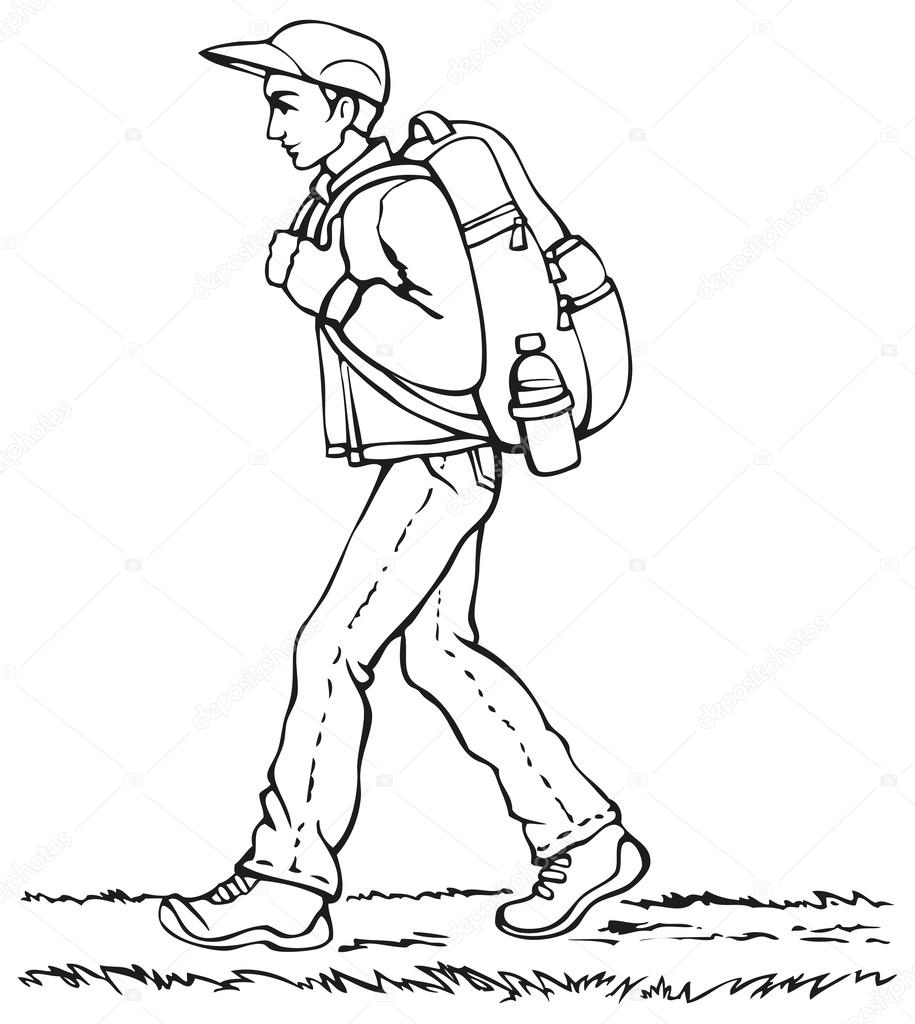 Vector drawing. Traveler with a backpack going up the path