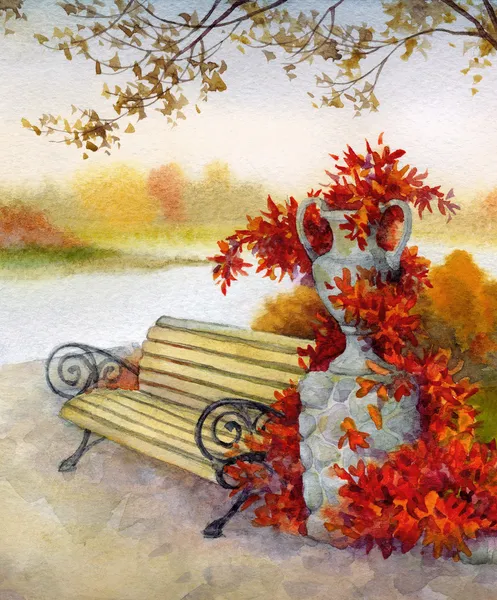 Watercolor landscape. Decorative bench in autumn park — Stock Photo, Image