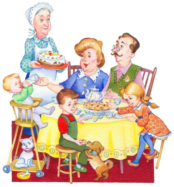 Watercolor illustration. Happy family for a festive tea — Stock Photo, Image