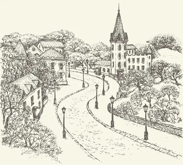 Ulica starego miasta wzdłuż parku i zamku — Wektor stockowy