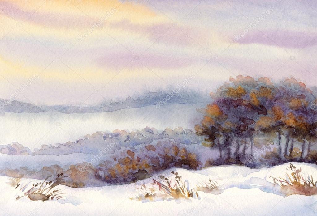 Watercolor winter landscape. Trees on the hill