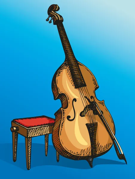 Vector Double Bass with a bow and stool for musician — Stock Vector