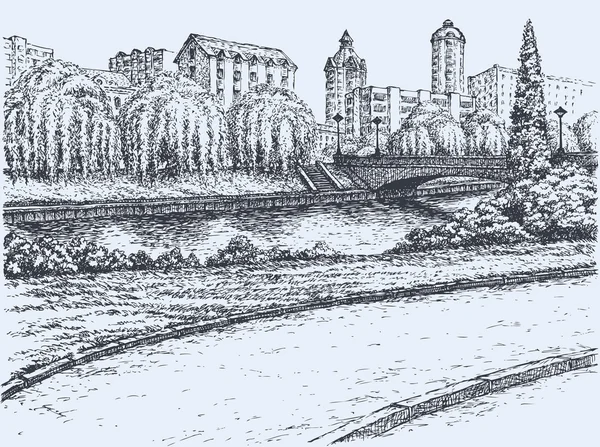 Park trees at river bridge in front of urban high-rise buildings — Stock Illustration Park trees at river bridge in front of urban high-rise buildings Royalty Free Stock Illustrations