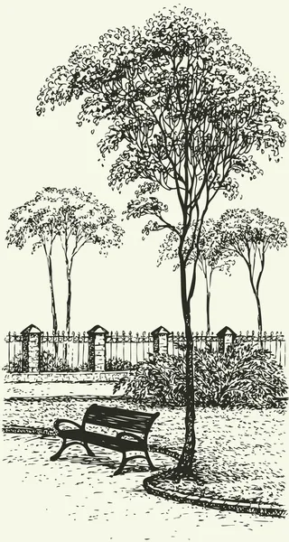 Paisaje vectorial. Banco bajo un árbol alto en el parque — Archivo Imágenes Vectoriales