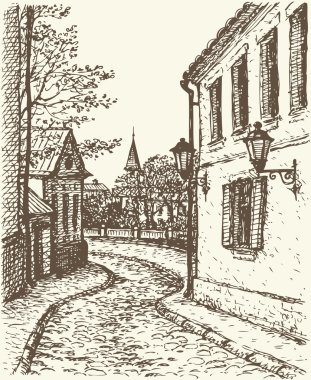 Cityscape vektör. eski şehrin dar sokak