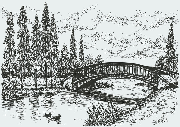 Векторный пейзаж. Мост через реку и тополя вдоль дороги
 