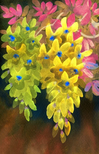 丙烯画。郁郁葱葱的集群的黄色紫藤 — 图库照片