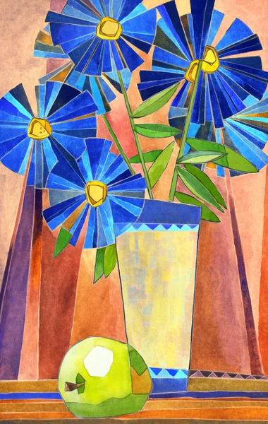 Aquarelle stylisée nature morte. Vase avec de grandes fleurs bleues — Photo