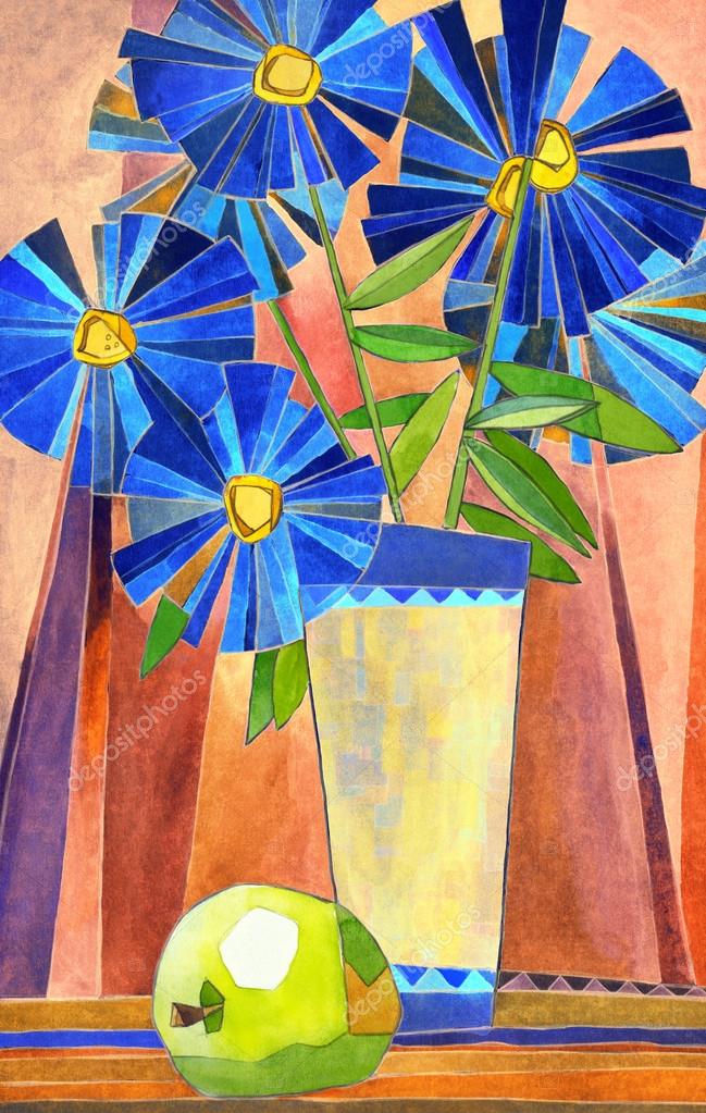 Стилизованный акварель натюрморт. Ваза с большими голубыми цветами ...