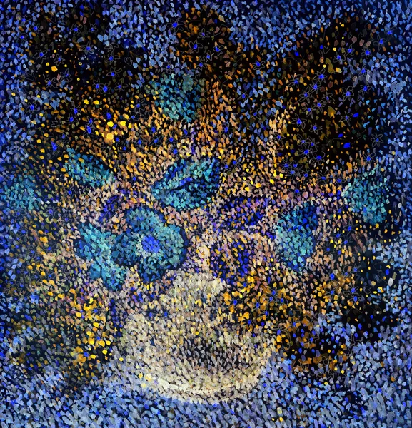 Acrylmalerei. blaue Blumen in einer runden Vase — Stockfoto