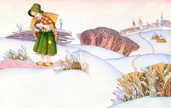 Sulu boya resim. Zavallı kız karla kaplı bir bozkırda gider — Stok fotoğraf