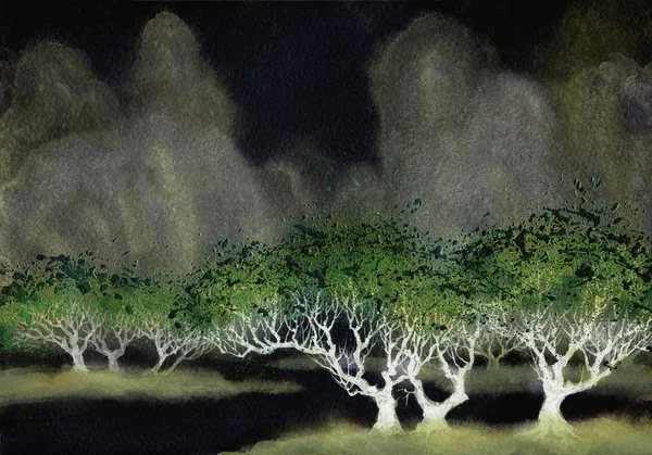 Acryl landschap. delicate bomen in de buurt van de rivier — Stockfoto