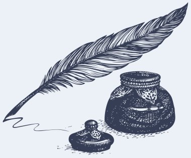Vector freehand drawing of ancient pen and inkwell clipart