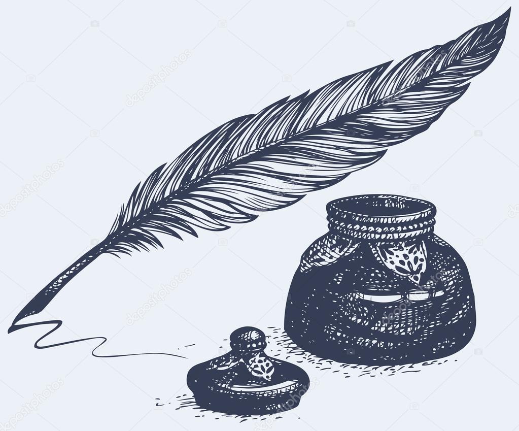 Feather pen. Drawing of ancient pen on white background in doodle style.  Concept for education. Stock Vector