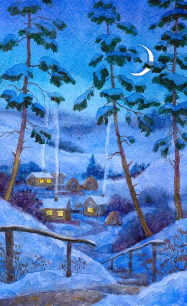 Akvarel krajiny. noc v zimě village — Stock fotografie