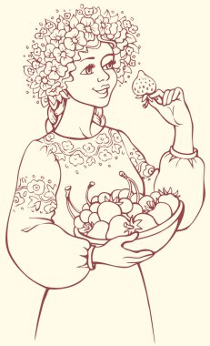 vektör resim. yemyeşil bir çelenk kase çilek tutan kız