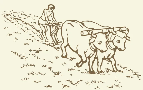 Desenho vetorial. Agricultura primitiva. Campo tratado com camponeses —  Vetores de Stock