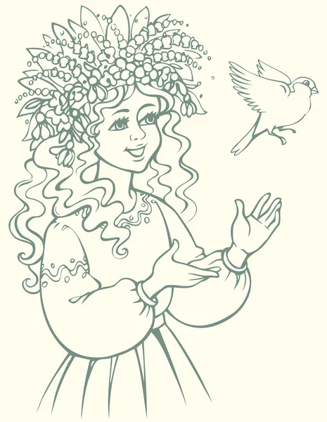 Векторное изображение. Девушка в венке смотрит на птицу — стоковый вектор