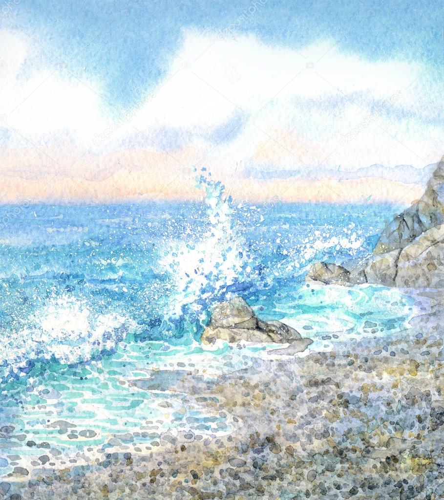 Watercolor seascape. Surf