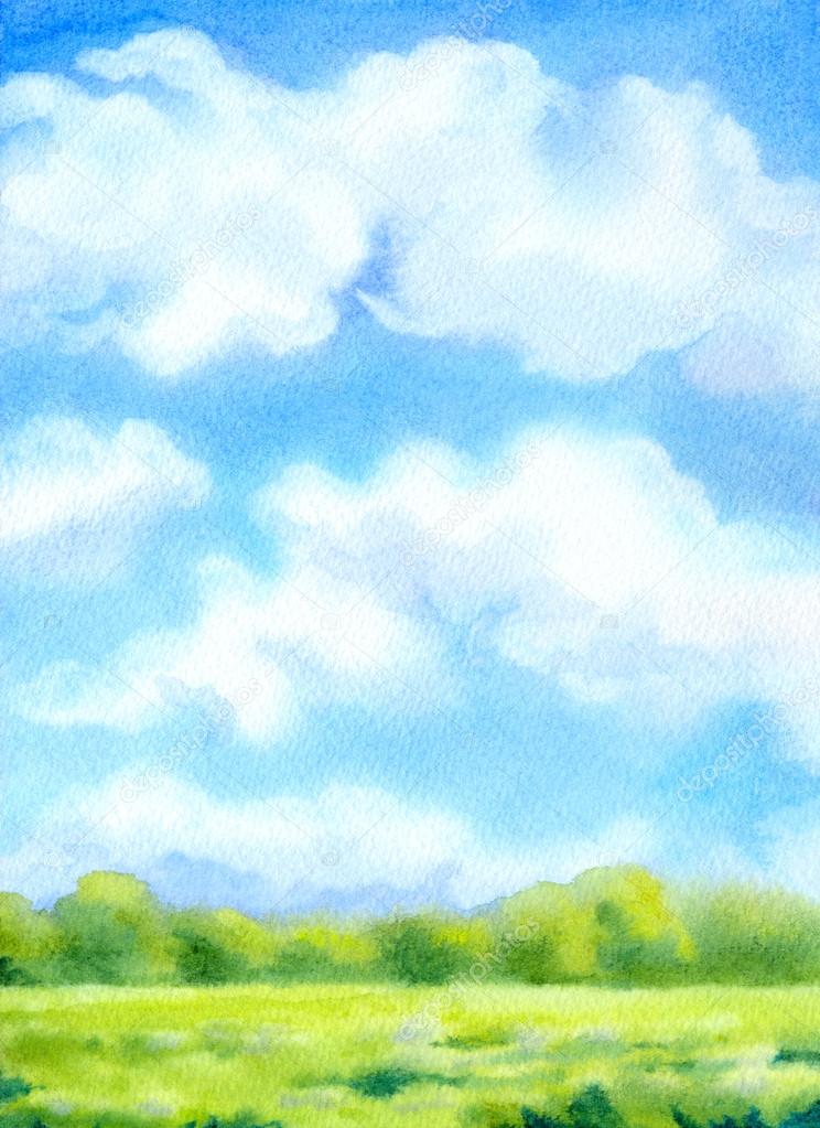 Watercolor background with white clouds on blue sky over sunlit