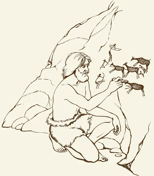 Vector afbeelding. primitieve mens vestigt op stenen muur van grot — Stockvector