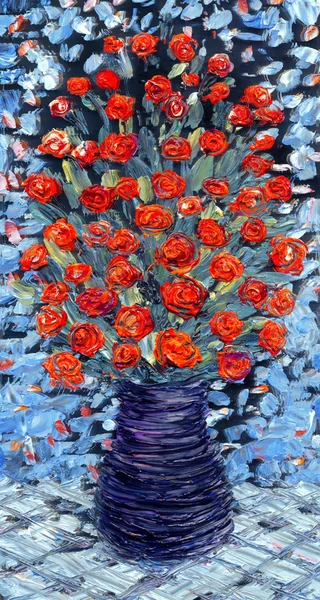 Still life oil. Bouquet of red flowers on blue background — Stock Photo, Image