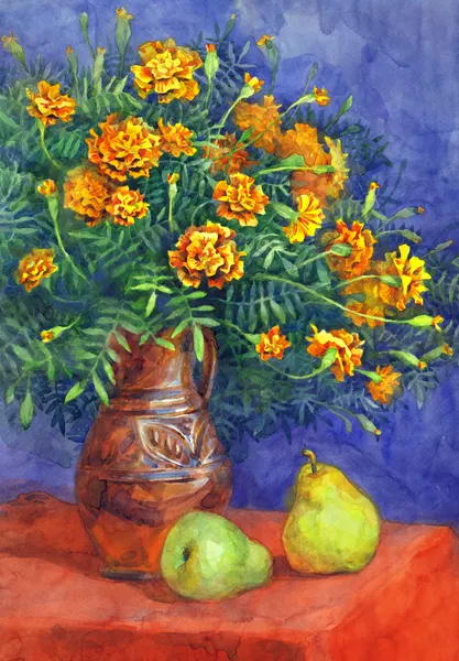 Aquarela ainda vida. Marigolds magnífico buquê com maduro p — Fotografia de Stock