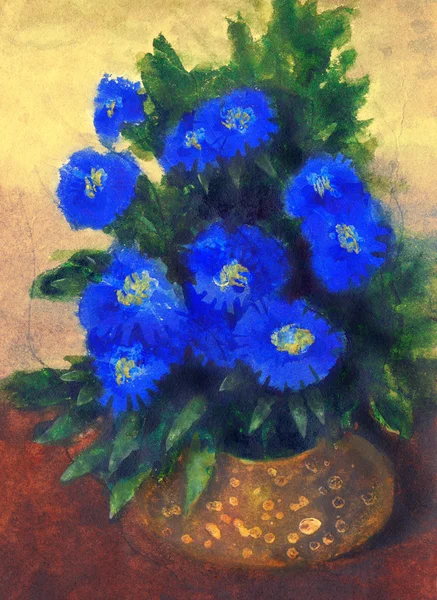 Pintura Gouache. Flores azules en jarrón redondo amarillo —  Fotos de Stock