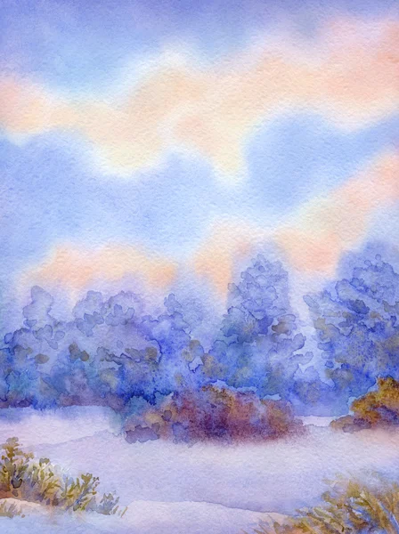 Watercolor background with quiet sunset over winter forest — Stock Photo, Image