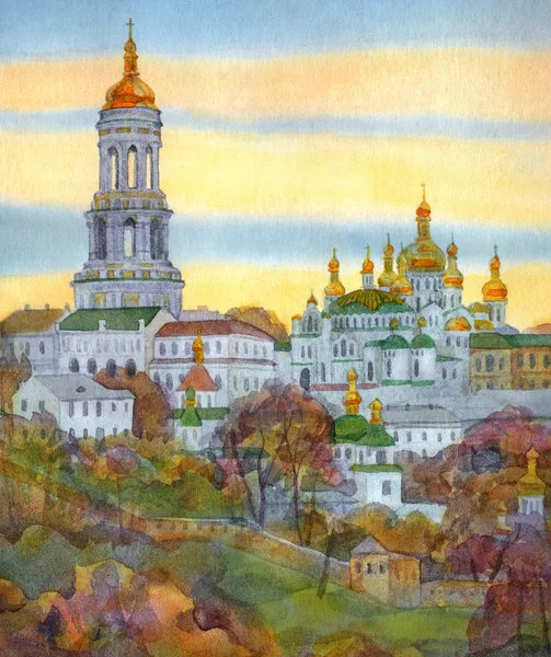 Watercolor cityscape. Monastery on steep hill at autumn evening — Stock Photo, Image