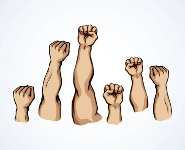 Zafer coşkusunu arttırın. Beyaz metin uzayında zafer kazanan işçi lideri palmiye hattına direnin. Siyah çizgili isyancı saldırısı. Bölüm logosu amblem simgesi konsepti skecini retro pop sanat poster vektör stilinde kazan.