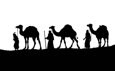 Doğu kuyrukluyıldızını takip eden 3 eski Arap, Arap Beytütsüsü 'nde yeni doğan kutsal bebek İsa Mesih' i takip eder. Hediye altın, tütsü, mür. Koyu siyah mürekkep el çizilmiş noel tarihi simgesi arkaplan kart metin alanı