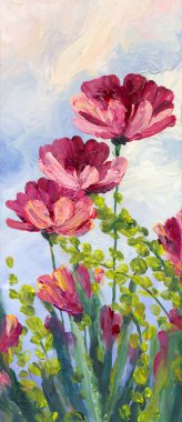 Parlak modern guaj boyası tasarımı. Canlı gül akryl rengi el, yemyeşil botanik arktotis tomurcuk dal bitkisi çizdi. Retro yaratıcı beyaz fırça selamlama kartı tarzı taze mavi gökyüzü sahnesi