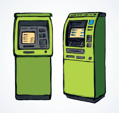 Web hattı mağazası kredi görüntüleme bancomat kiosk pin tuş takımı veznedar aygıtı beyaz kağıt üzerinde. Yeşil renkli el çizilmiş dolar banknotları maaş monitörü logo simgesi simgesi konsepti grafik çizgi film stili