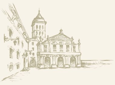 Şehir merkezinde yaşlanmış romantik bir yaz yeri. Büyük çizgi ortaçağ ön kapı manzarası. Eskimiş karikatür karikatür karalama gravür stiliyle çizilmiş siyah bir el resmi. Beyaz gökyüzü arkaplanındaki kağıt metin alanı